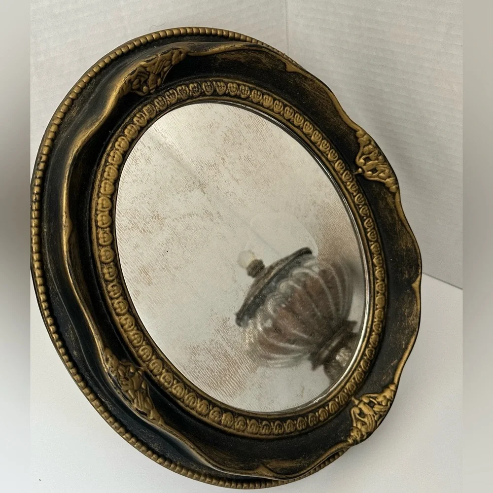 Gorgeous Vintage Mirror in Black & Burnished Gold with kick-stand on back